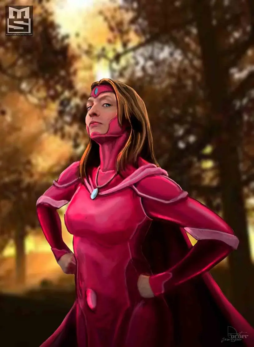 Painted Meta Sabian superhero portrait in a pink suit and cape