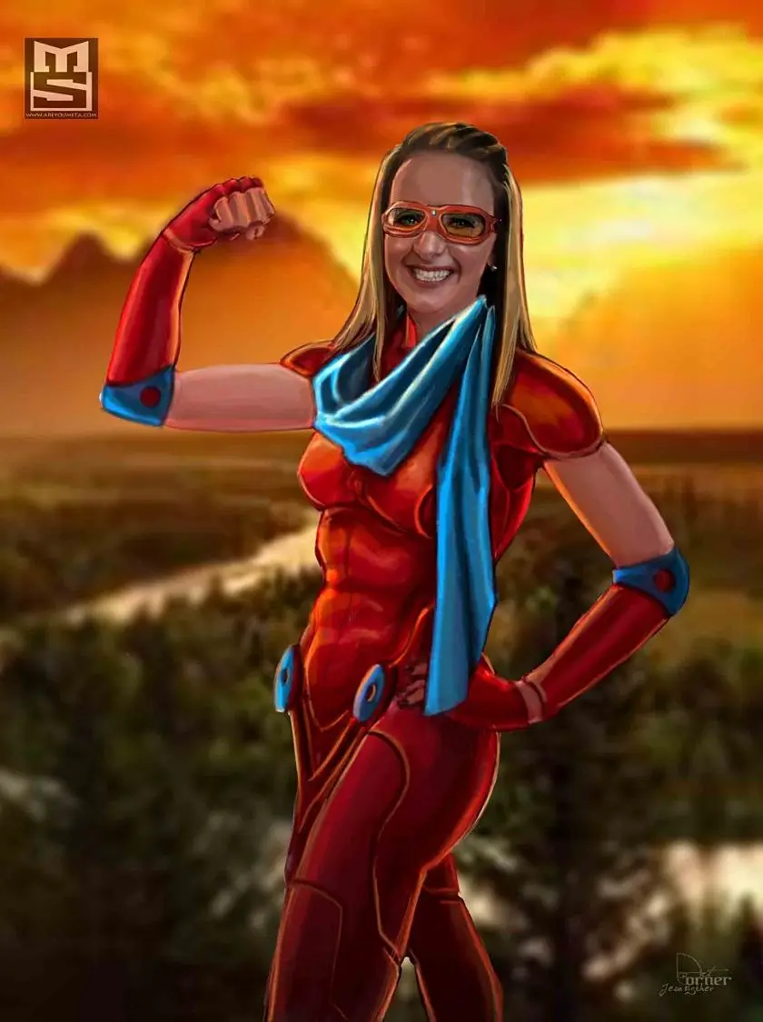 Painted Meta Sabian superhero portrait in a red suit at sunset
